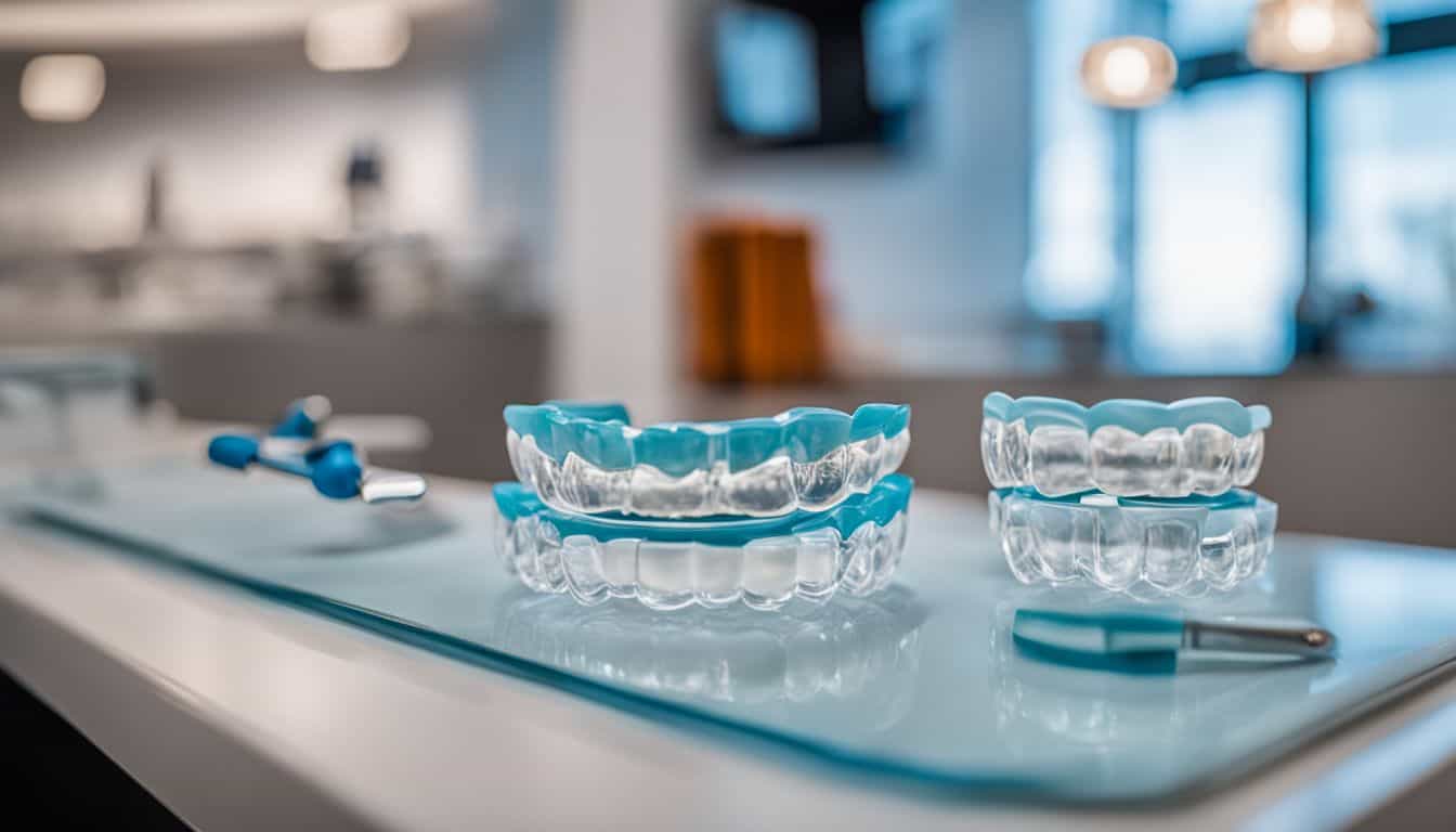 A set of perfectly aligned Invisalign clear aligners displayed in a modern dental office with dental tools.