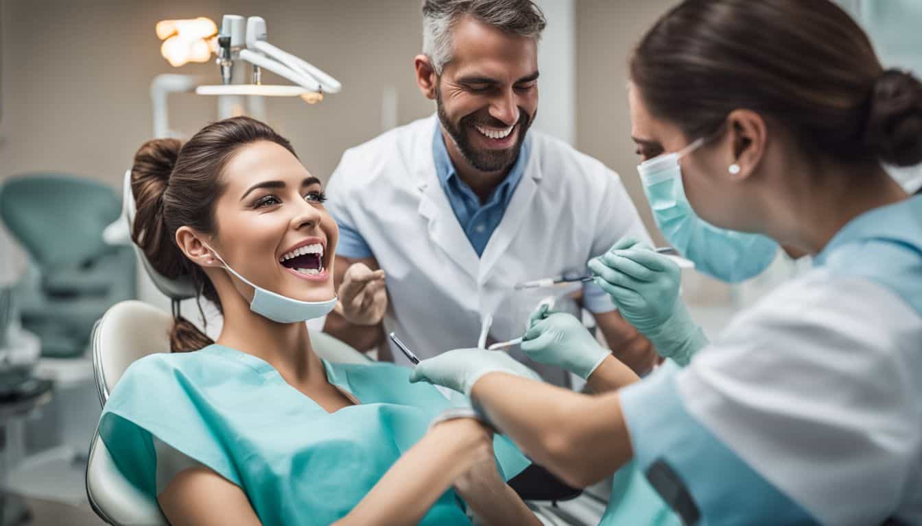 A patient getting a dental exam from a cosmetic dentist and assistant.