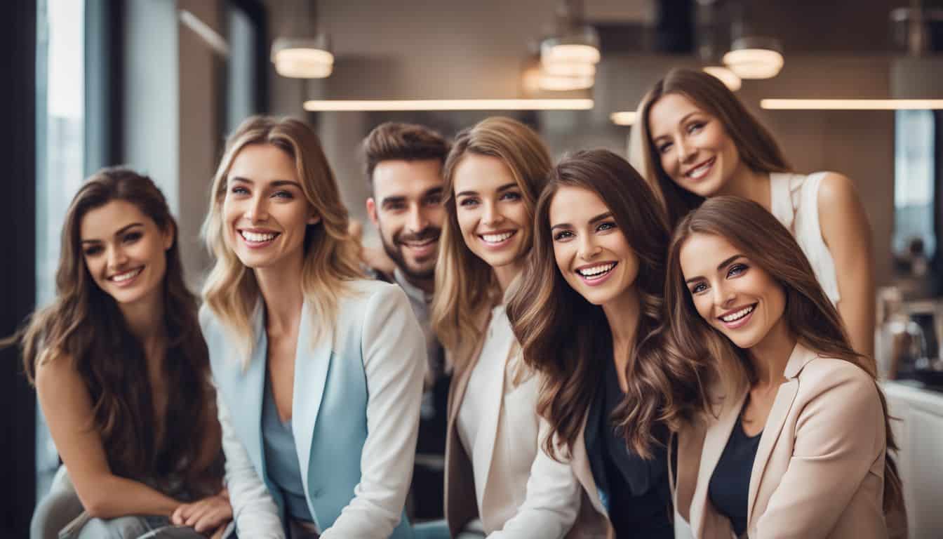 Models with perfect teeth in a modern dental office.