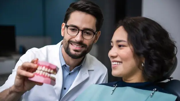 A dentist shows a smiling patient a model of teeth while discussing dental treatment options.